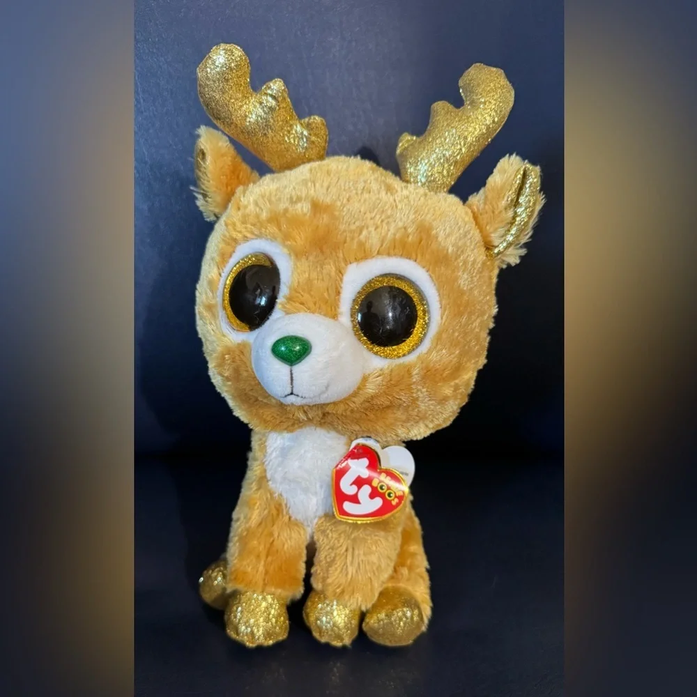 Ty Beanie Glitzy Reindeer Plush Reindeer Toy with Gold Accents